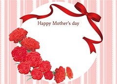 ピンクの下地に白のレースを一定間隔で縦にあしらった背景。中央に白い円形のスペースを設け、赤いリボンとカーネーションを円の外周に沿うように配置。円上部に「Happy Mother's Day」の文字