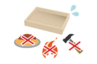 スパゲッティやハンマー、火を禁止するイラスト