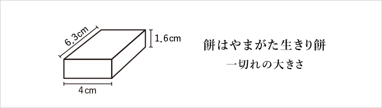 餅はやまがた生きり餅 一切れの大きさ。幅4cm×奥行6.3cm×高さ1.6cm