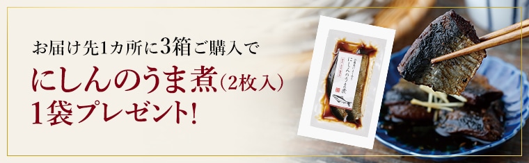 お届け先1ヵ所に3箱ご購入でにしんのうま煮1袋(2枚入)プレゼント！